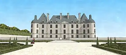 Schéma restituant la vue sur le château de Fay-lès-Nemours, depuis le jardin, au XVIIe&nbsp;siècle
