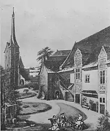Gravure illustrant la cour du Vieux-Château et le campanile.