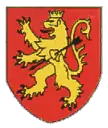 Blason signalant la route touristique "Richard Coeur de Lion", « de gueules au lion rampant au cœur transpercé d'une flèche »