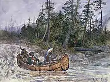 Représentation de Champlain dans un canot avec deux Autochtones, descendant des rapides.