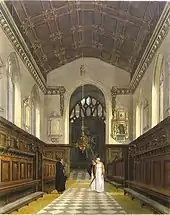 Une gravure de la chapelle ; l'arche du chœur est étroite et des mémoriaux sont disposés de chaque côté ; les carreaux sur le sol sont noir et blanc ; des bancs en bois sculptés sont installés de chaque côté contre les murs ; un tableau est en face sur le mur du fond : Un homme vêtu d'une robe noire parle à deux femmes portant des bonnets et des robes blanches.