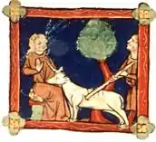 une licorne à la tête posée sur les genoux d'une femme est tuée par un coup de lance d'un chasseur
