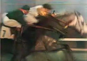 Chevaux de course pour Réalités, 1959 et MEP, 2008. Photographie faites avec un Telyt de 400&nbsp;mm monté sur une poignée crosse Kilfitt. Le photographe accompagne les chevaux en faisant bloc avec le téléobjectif (3&nbsp;kg) en pivotant sur lui-même sur un pied.