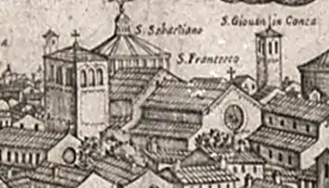 Gravure du XVIe&nbsp;siècle montrant une église en milieu urbain