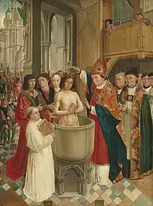 Une représentation artistique du baptême de Clovis, dans la Sainte-Chapelle à Paris.