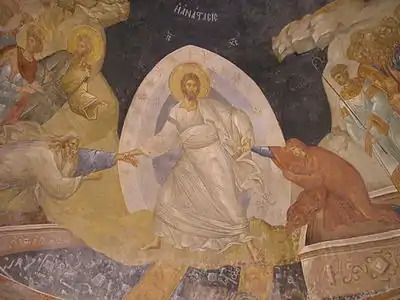 Icône orthodoxe montrant un Christ aux Enfers relevant Adam et Ève.