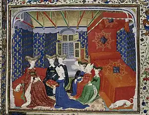 Lit à ciel suspendu, « fond », « dosseret » et courtepointe garnis d'étoffe brodée, France, miniature, vers 1410.