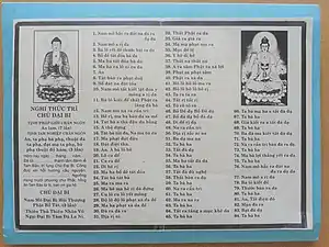 Au Viêt Nam, à l'entrée de nombreuses pagodes, notamment dans les lieux touristiques, le Chú Đại Bi  (Mantra de la Grande Compassion), est proposé soit sous forme de livret, soit sur simple feuillet imprimé. Ils sont réalisés à l'initiative de pratiquants bouddhistes qui en font offrande au sangha.
 
Description des illustrations :
*   À gauche : Deux livrets, premières de couvertures, carton souple, 21x14.5 cm.
-Exemplaire de couleur verte, 32 p. : Quan Âm (ou Quán Thế Âm Bồ Tát) est debout sur un lotus. Elle est représentée sous sa forme aux vingt-quatre bras et aux onze faces. La signification (et non la traduction littérale) des mots «Nghi Thức Trì Tụng» est : «Instructions pour bien réciter (le CHÚ ĐẠI BI)».
 
-Exemplaire de couleur orangée, 12 p. : Quán Âm est assise sur un lotus. Dans sa main droite, elle tient un rameau de saule pour l'aspersion de l'eau divine purificatrice, contenue dans le vase posé sur la paume de sa main gauche. Au milieu de sa coiffure est représentée l'effigie du Bouddha A Di Đà (Amitābha). 
*  Au centre : Un des livrets ouvert. On peut lire les versets numérotés 1-42 du Chú Đại Bi, soit la moitié du texte intégral.
*  À droite : Feuille de papier ordinaire (21x29,7cm). Texte complet du Chú Đại Bi, soit 84 versets, imprimé en noir et blanc. En haut de la page, de part et d'autre, figurent les représentations d' A Di Đà et de Quán Âm.
Remarque: l'un des livrets compte plus de pages (32) que l'autre (12) parce qu'il est plus illustré et contient des instructions rituéliques (suivant la mention figurant sur la première de couverture).