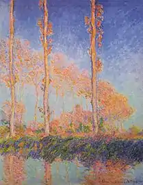 Les Peupliers, trois arbres roses, automne.