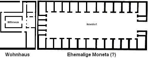 Plan du mithreaum (à gauche) et du bâtiment (hypothétique pour la partie droite, non dégagé)