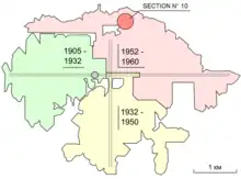 Au centre, un point gris d'où partent quatre voies représentant l'accès au puits de remontée et les voies de circulation principales de la mine. À gauche, l'ouest de la mine est représenté en vert, car exploité à partir de l'ouverture de la mine et jusqu'en 1932. Au sud, la zone en jaune est exploitée entre 1932 et 1950. Au nord, au nord-est et à l'est figure la zone rouge, exploitée de 1952 à 1960, et majoritairement touchée par l'accident. La section expérimentale no 10 est représentée par un point rouge au nord-nord-ouest.