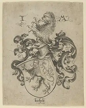 Un imposant ex-libris gravé au burin du début du XVIe&nbsp;siècle, par Israhel van Meckenem