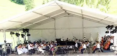 L'orchestre régional de Cannes-Provence-Alpes-Côte-d’Azur joue aux champs lors des «&nbsp;Folies du lac de La Colmiane&nbsp;», le 18 juillet 2010.