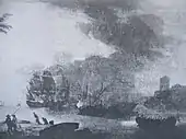 À l'entrée d'un port, non loin d'une citadelle, deux frégates aux voiles gonflées par la brise sont au repos. L'une d'elles tire le canon et de ses écoutilles s'échappent d'épais nuages de fumée. Prête à lui tenir tête, une galère s'est avancée, faisant force de rames, et son artillerie a déjà répondu à l'attaque. Sur le rivage à gauche, un homme et une femme s'enfuient tandis que des pêcheurs retirent précipitamment leurs filets.