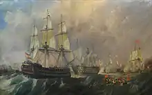 Le Pelayo (Desaix 1804) secourant le Santisima Trinidad à la bataille du cap Saint-Vincent, le 14 février 1797.