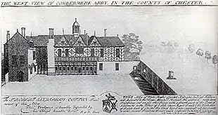 Gravure représentant une vaste maison à colombages.