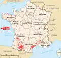 Terminaisons en -an. Au nord de la Loire, il ne s'agit pas, sauf exception, de -anum