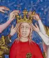 Couronnement de la reine Jeanne de Bourbon, épouse du roi Charles&nbsp;V de France. Détail d'une enluminure des Grandes Chroniques de France, 1375-1380.