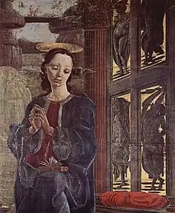Détail de peinture. La colombe volète juste à droite de l'oreille de Marie.