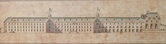 Schéma de coupe de l'école de Saint-Cyr du côté du parterre, XVIIIe&nbsp;siècle, localisation inconnue.