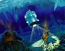 On observe la couche de glace au-dessus de l'océan. Un cryobot a percé la glace. Au premier plan, une sonde éclaire le sol.