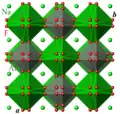 Structure de la cryolite à 800&nbsp;°C, projetée sur le plan (a, b). Gris : Al, vert : Na, rouge : F.