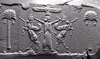 Empreinte de sceau achéménide avec le roi perse soumettant deux lamassu mésopotamiens