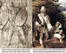 Les guerriers Daces de la colonne Trajane étaient, comme les paysans roumains du XIXe&nbsp;siècle, coiffés d'une căciulă.