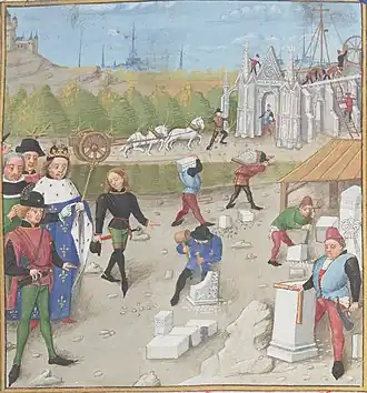 Dagobert visitant le chantier de l'abbaye Saint-Denis.