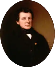 Portait à l'huile d'un homme portant une veste noire aux cheveux courts et bouclés