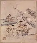 Lavandières. Encre et couleurs sur papier, 26,8&nbsp;×&nbsp;22,7&nbsp;cm. 1750-1800. Feuille d'album, peintures de genre. Musée national de Corée