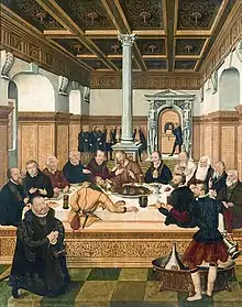 Version protestante de Lucas Cranach le Jeune, 1565, avec les principaux réformateurs représentés comme les apôtres, et l'électeur de Saxe agenouillé.