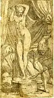 Pygmalion et Galatée : un sculpteur, nu, occupé à travailler sur la statue d'une femme nue (c.1540-45), d'après Primaticcio, hauteur : 235&nbsp;mm (rogné).