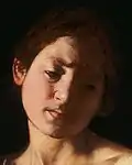 peinture d'un visage de jeune garçon brun, frisé, l'air mélancolique