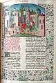 De casibus virorum illustrium, livre 2.Saül se suicide en se jetant sur son épée (à gauche) ; les Amalécites vaincus par Saül (à droite). Manuscrit de 1475.