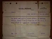 Photo d'un télégramme officiel de la Royal Navy.