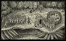 gravure représentant un combat entre deux tribus indiennes.