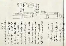 Description japonaise du mécanisme du pierrier à boîte, XVIe&nbsp;siècle.