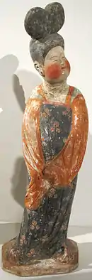 Dame au chignon à double coque, figurine, dynastie Tang, VIIIe&nbsp;siècle.