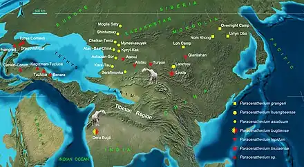 Carte montrant les lieux de découvertes des espèces de Paraceratherium au cours de l'Oligocène inférieur (montré en jaune) et supérieur (montré en rouge), selon Deng et collèges en 2021.