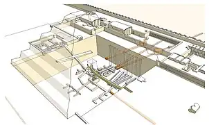 Vue en perspective des infrastructures de la pyramide de Djéser (en vert, la galerie d'époque Saïte)