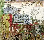 Tableau avec toits gris, murs rouges et feuillages au premier plan, au-dessus un cour d'eau presque blanc