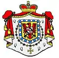Armoiries des Fürstenberg : d'or, à la bordure nébulée d'argent sur azur, le champ ch. d'une aigle de gueules, becquée et membrée d'azur, ch. sur l'estomac d'un écusson écartelé : aux 1 et 4, de gueules, au gonfanon d'argent (Werdenberg); aux 2 et 3, d'argent, à la bande vivrée de sable (Heiligenberg)  Source: Rietstap.