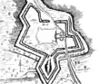 Estampe de William Woolnoth montrant le château du XIVe&nbsp;siècle, entouré des fortifications du XVIIe&nbsp;siècle à la Vauban. Les parties démolies figurent en pointillés, les parties subsistant en 1825 sont représentées en traits pleins épais.