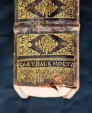 Dos doré d'un livre ancien, portant la mention CARTHAUS MOLTZ.