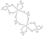 Un exemple de lapin de Douady  (
  
    
      
        
          
            z
            
              2
            
          
          −
          0
          ,
          123
          +
          0
          ,
          754
          i
        
      
    
    {\displaystyle \scriptstyle z^{2}-0,123+0,754i}
  
).