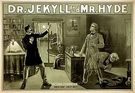 Affiche montrant la scène où le docteur se transforme en monstre sous le regard horrifié d'un autre homme.