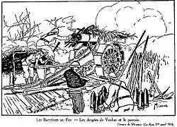 « Les baptêmes du feu – Les dragées de Verdun et le parrain » : les dragées sont des obus envoyés par un canon de 155&nbsp;mm.