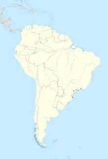 Carte de l'Amérique du Sud, sur laquelle les sites de capture de Drymoreomys albimaculatus sont représentés par six points rouges, situés sur le pan est de la Serra do Mar, dans le Sud-Est du Brésil.