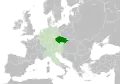 L'État tchèque au XIe&nbsp;siècle, en tant que duché de Bohême (en vert), au sein du Saint-Empire romain germanique (vert clair).
